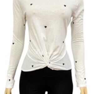 White Long Sleeve Tie Front with Black Hearts